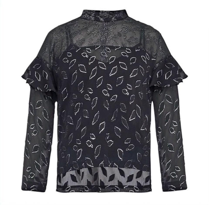 BCBGMAXAZRIA Sheer Chiffon Metallic Top In Black Combo Size L $198