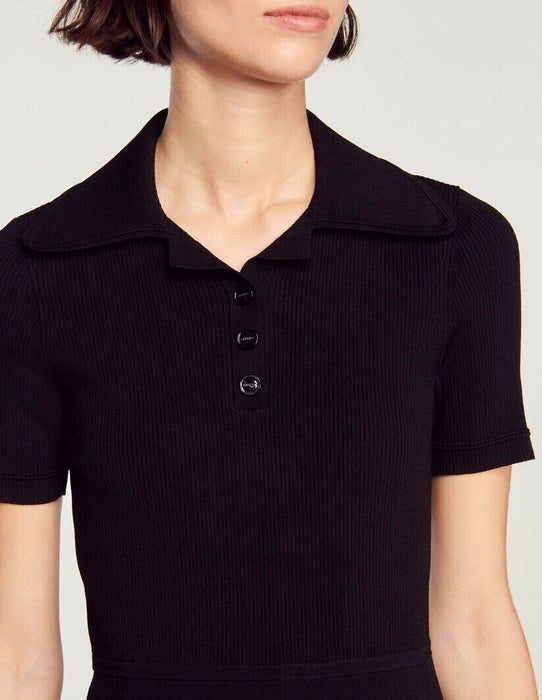 Sandro Cordoba Ribbed Knit Polo Dress in black size 40 Sandro Cordoba Ribbed Knit Polo Dress in black size 40