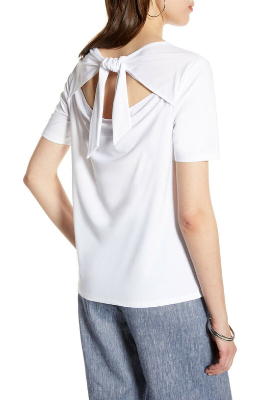 Halogen Women's Tie Back Knit Short Sleeve Top In White Size XS