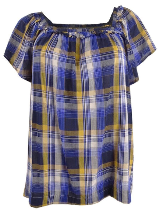 VINCE CAMUTO Sunset Plaid Square-neck Blouse In Electric Blue $69 size M