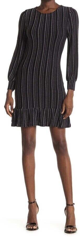 19 Cooper Long Sleeve Dress Ruffle Hem Women's  M Black Silver Striped Mini