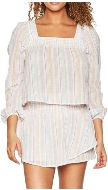 BCBGeneration Pink Chiffon Smocked Striped Square Neck Blouse Size M $78