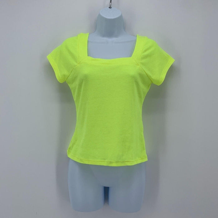 Good Luck Gem Women's Ribbed Square Neck Tee Shirt In Neon Yellow Size M