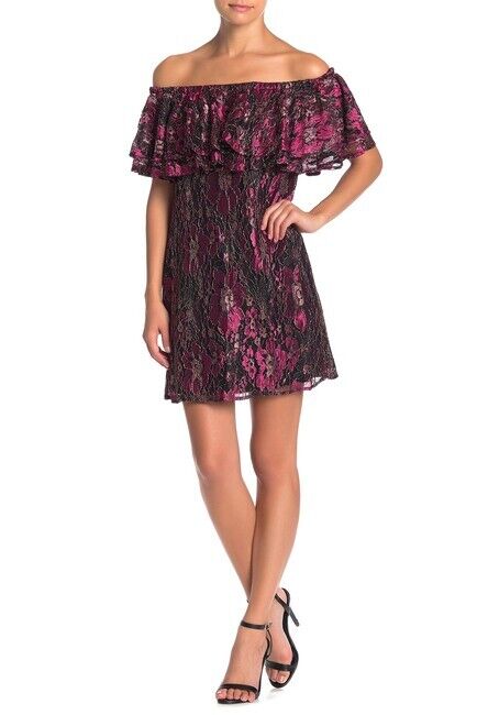 WAYF Cullen Women' Metallic Floral Lace Off The Shoulder Mini Dress Size XS