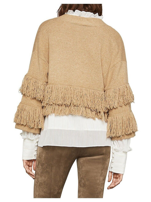 BCBGMAXAZRIA Women's Fringe Trimmed Cropped Cardigan In Camel Brown Size M $260
