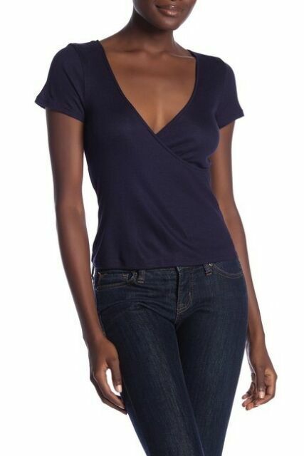 PST By Project Social T Women's Short Sleeve Surplice Top In Navy Size L