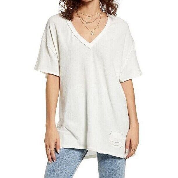 Free People Women's White Short Sleeve Pullover Distressed V-Neck T-Shirt Size M