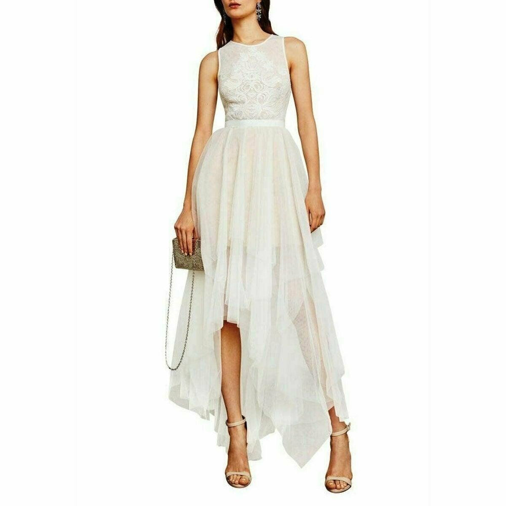 BCBGMAXAZRIA Riese Long Tulle Tiered Lace Gown Dress In Off White Size 6 $600