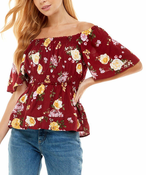 Derek Heart Peasant Top, Women's Size Small, Burgundy Floral Off Shoulder