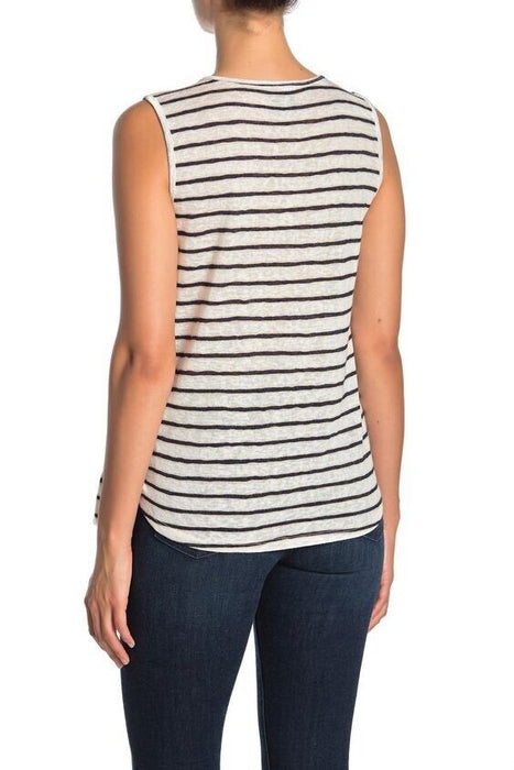 BOBEAU women's L Faux Wrap Side Tie Tank In White/navy/taupe sleeveless v neck