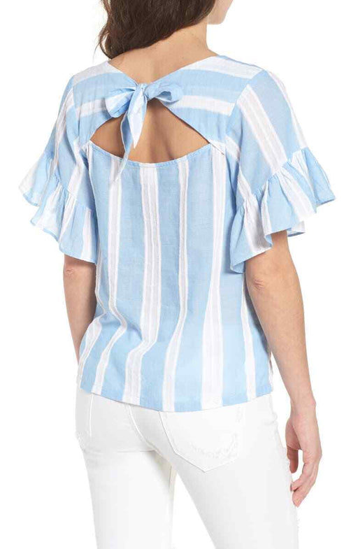 Bp. Ruffle Sleeve Tie Back Top In Blue And White Stripe Size S