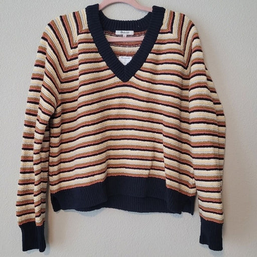 Madewell Arden V-Neck Crop Pullover Sweater in Stripe Multicolor Size L New $88
