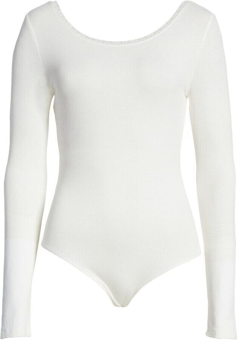 Socialite Women's Lace Trim Long Sleeve Bodysuit Top Scoop Neck In Ivory Size S