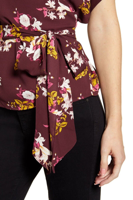 CHELSEA28 Wrap Style Belted floral blouse  in Red size small in burgundy $69