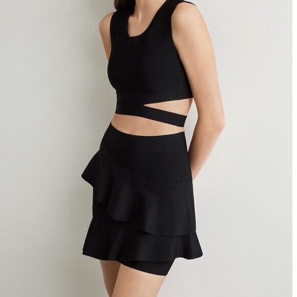 BCBGMAXAZRIA Women's Bridgett Asymmetrical Ruffle Mini Skirt Black Size L $296