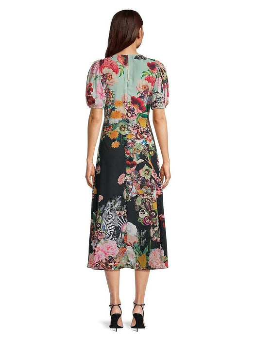 Lipsy Flora & Fauna Art Puff-Sleeve Midi Dress size 2 US
