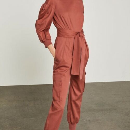 BCBGMAXAZRIA Pleated Cotton Jumpsuit Cargo Pockets Tandoori Spice Size XXS $348