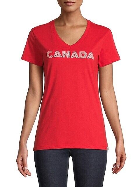 Maple Leaf By Hudsons Bay Women' Embroidered Canada V-Neck T-Shirt Red Size L