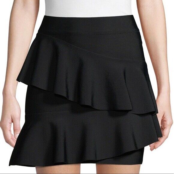 BCBGMAXAZRIA Women's Bridgett Asymmetrical Ruffle Mini Skirt Black Size L $296
