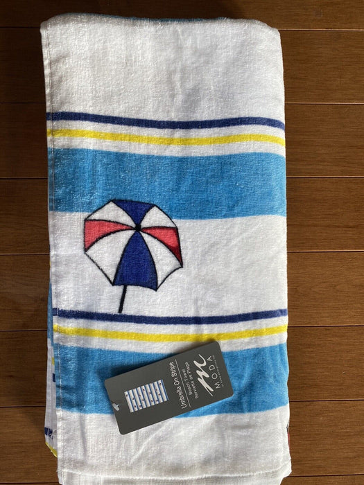 Moda At Home 100% Cotton Beach Towel Umbrella On Stripe White/Blue 35x70"