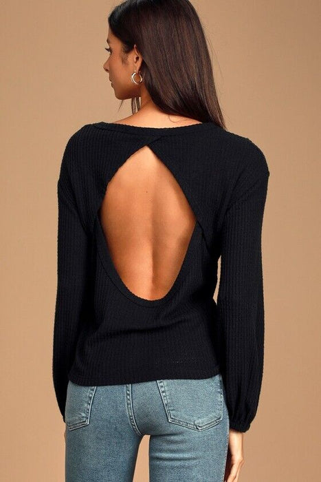 LULUS Jack of All Trades Black Waffle Knit Backless Top size S