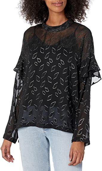 BCBGMAXAZRIA Sheer Chiffon Metallic Top In Black Combo Size L $198