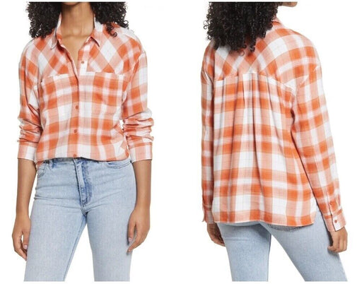 BP. Women's High/Low Bill Plaid Button-Up Shirt in Rust-Ivory Orange Size XS