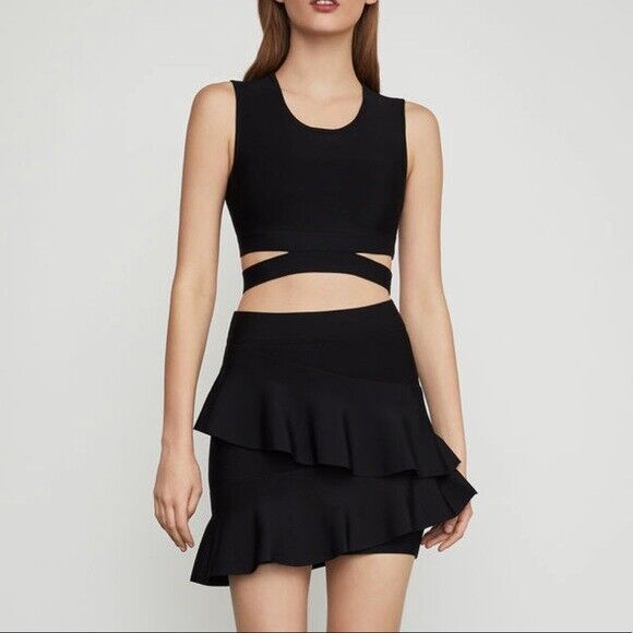 BCBGMAXAZRIA Women's Bridgett Asymmetrical Ruffle Mini Skirt Black Size L $296
