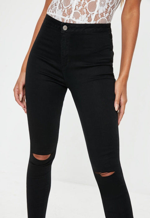 MISSGUIDED VICE  HIGHWAISTED SLASH RIPPED KNEE SKINNY JEANS BLACK UK8/US4 26