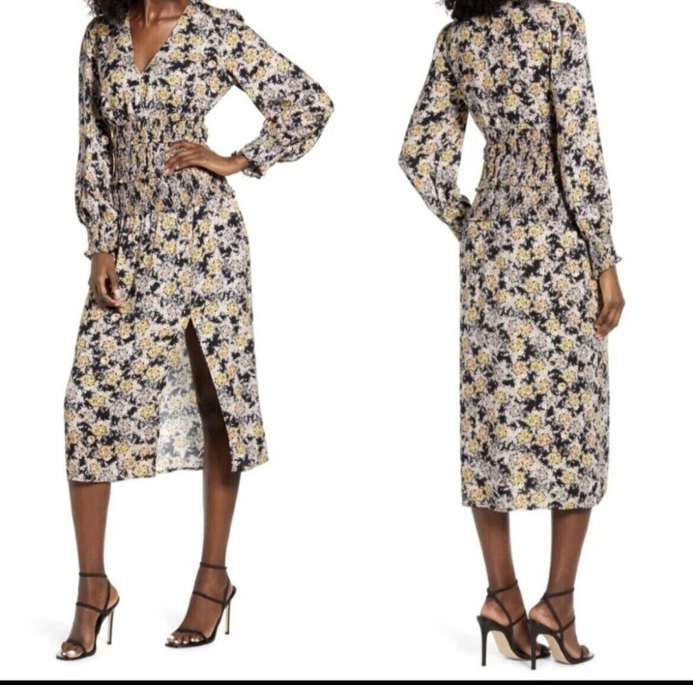 AFRM Hazel Floral Smocked Long Sleeve Midi Dress In Gold Bouquet Size XS $79
