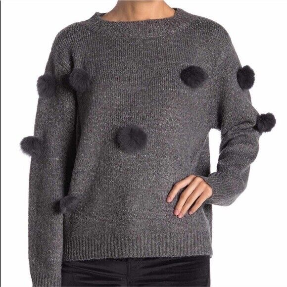 Michelle Nicole Rabbit Fur Pom Pom Long Sleeve Crewneck Sweater Wine Red Size M