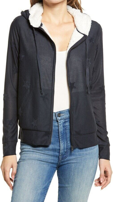 Bobeau Flocked Zip Hoodie In Denim Stars Size XS