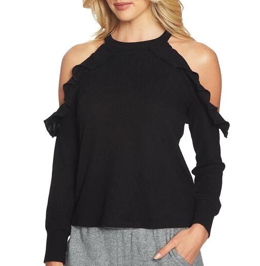 1 State Women's Cold Shoulder Ruffle Edge Top Keyhole Back Long Sleeves Size M