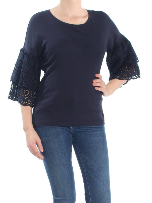 DKNY Women's Navy Blue Bell Sleeves Eyelet Lace Top size XL