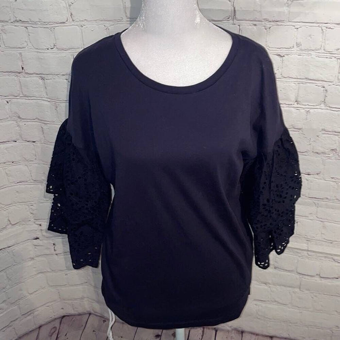 DKNY Women's Navy Blue Bell Sleeves Eyelet Lace Top size XL