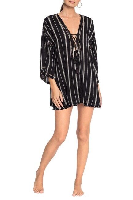 Robin Piccone  Claire Lace up Cover Up Tunic Striped Tasseled Black size M