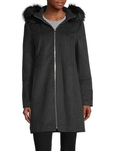 London Fog  Faux Fur-Trimmed Wool-Blend Jacket in grey soft size M