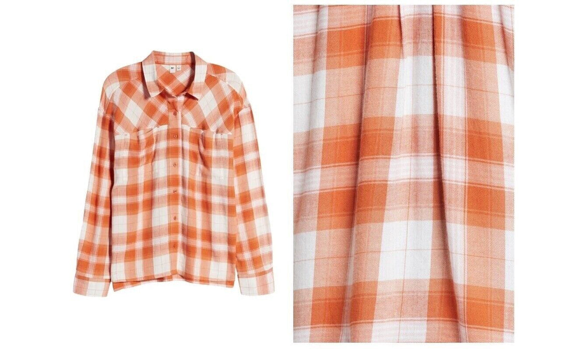 BP. Women's High/Low Bill Plaid Button-Up Shirt in Rust-Ivory Orange Size XS