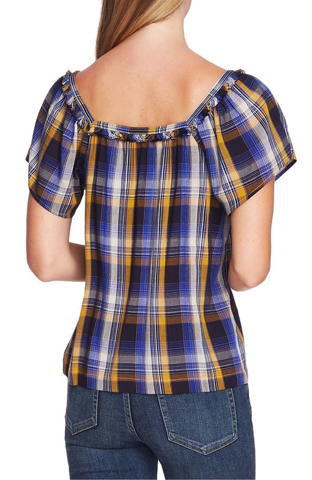 VINCE CAMUTO Sunset Plaid Square-neck Blouse In Electric Blue $69 size M