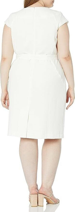 Kasper Women's Vanilla  Belted Short-Sleeve V-Neck Pockets Dress Size 14