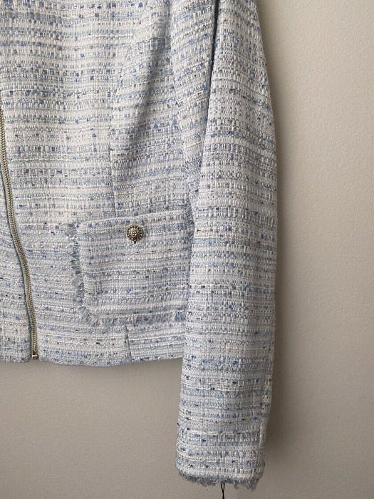 Karl Lagerfeld Paris Woman's Tweed Fringe Suit Jacket Blazer In Blue Size 10
