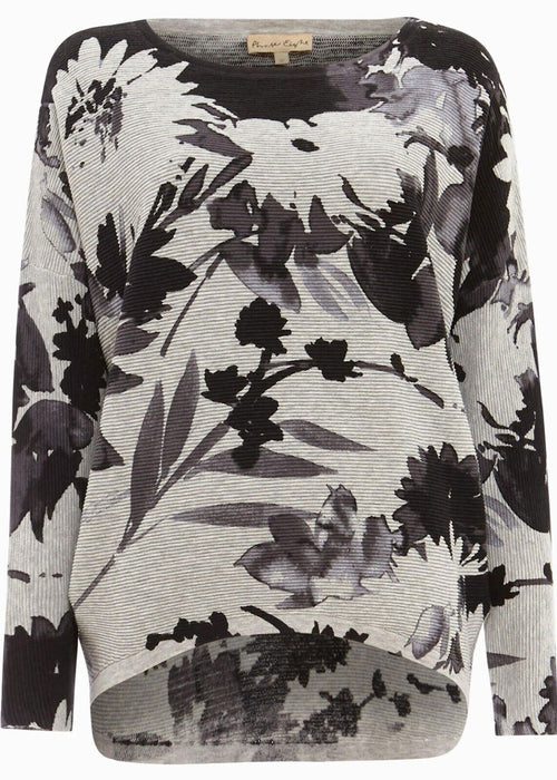 Phase Eight Dawne Long Sleeve Ribbed Knitted Daisy Print Top In Grey Size L