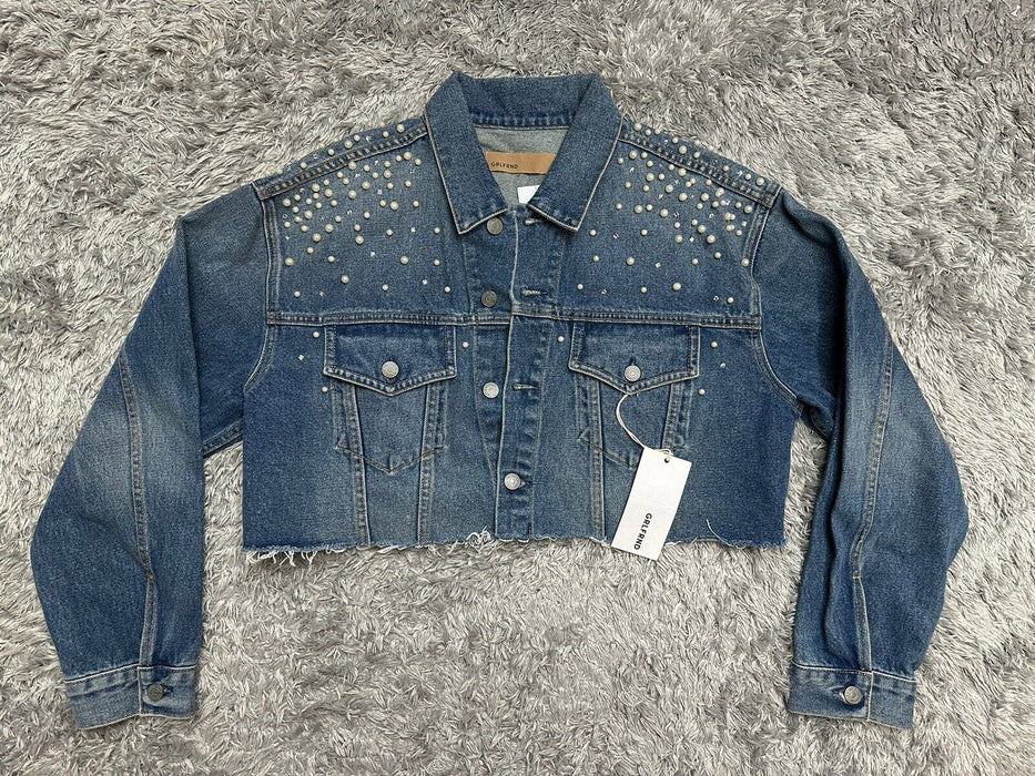 Grlfrnd Eve Cosmic Ray Pearl Embellished Denim Trucker Jacket $460 size M