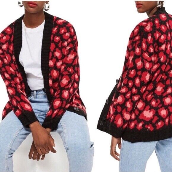 Topshop women's Sweater Women's Size 6 Animal Print Red Pink Black Cardigan $70