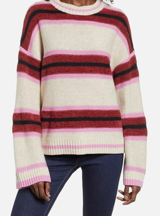 BP Women's Long Sleeve Peppy Sweater Beige Medium Heather Pink Striped Size M