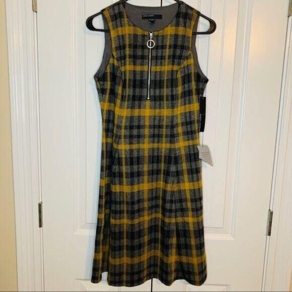 Maggy London Women's Zip Front Plaid Dress In Yellow/Grey/Black Size 8 $178