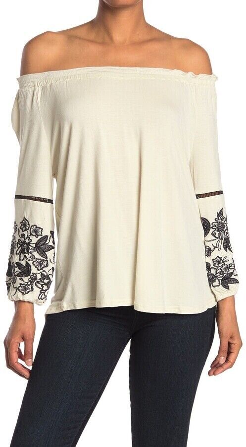 LIV Los Angeles Embroidered Off-the-shoulder Peasant Blouse In White size M
