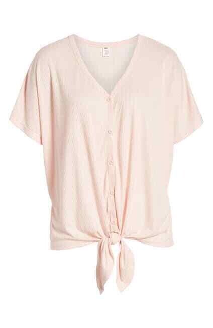 BP Small Toppink  Button Front Soft Knit Top Loose Short Sleeve V-Neck Solid S