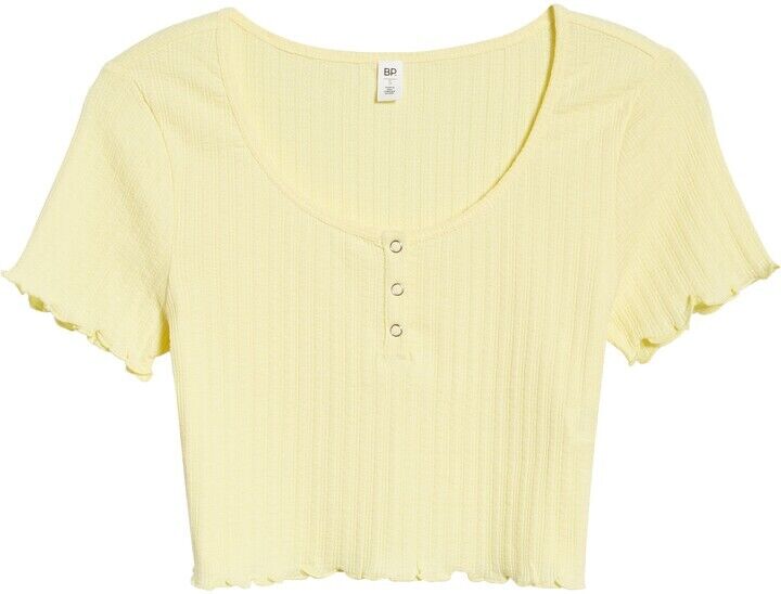 BP. Pointelle Short Sleeve Rib Crop Henley Top In Yellow Lemonade Size L