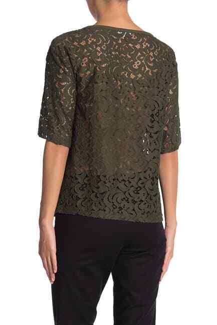Pleione Womens OLIVE Lace Scoop Neck Top Short Sleeve size S